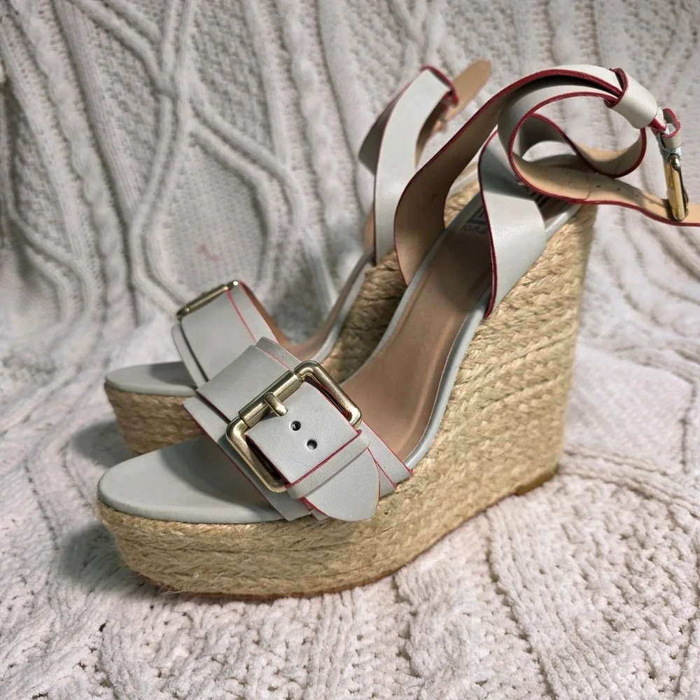 Pour La Victoire Wedge Sandals Ice Blue Red Leather‎ Espadrille Womens 9 NEW